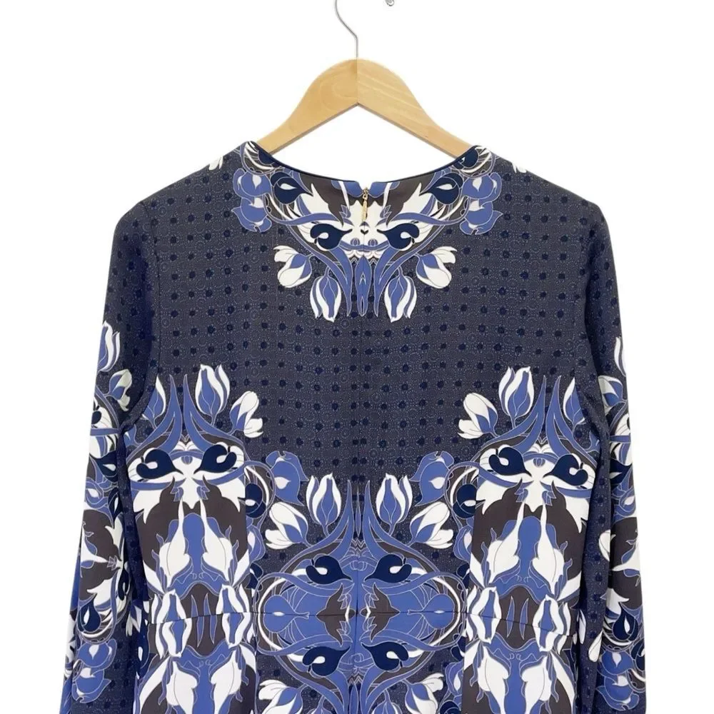 Tory Burch Blue Floral Medallion Sheath Dress Size 10 Jersey Long Sleeve Stretch